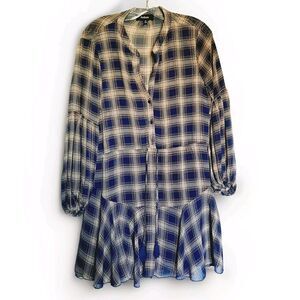 Aakaa Navy Mocha Plaid Peasant Sleeve Drawstring Lightweight Short Dress Size S